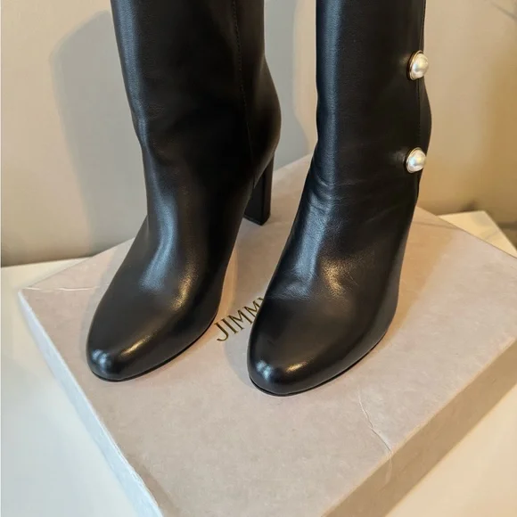 Jimmy Choo Elegant Black Leather Women's Boots with Pearl Accents, Size 38 - Picture 3 of 4